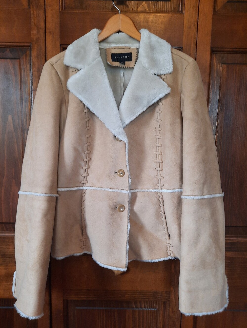 Braetan Retro Penny Lane Tan Faux Suede Faux Fur Lined Button Front Coat Size L